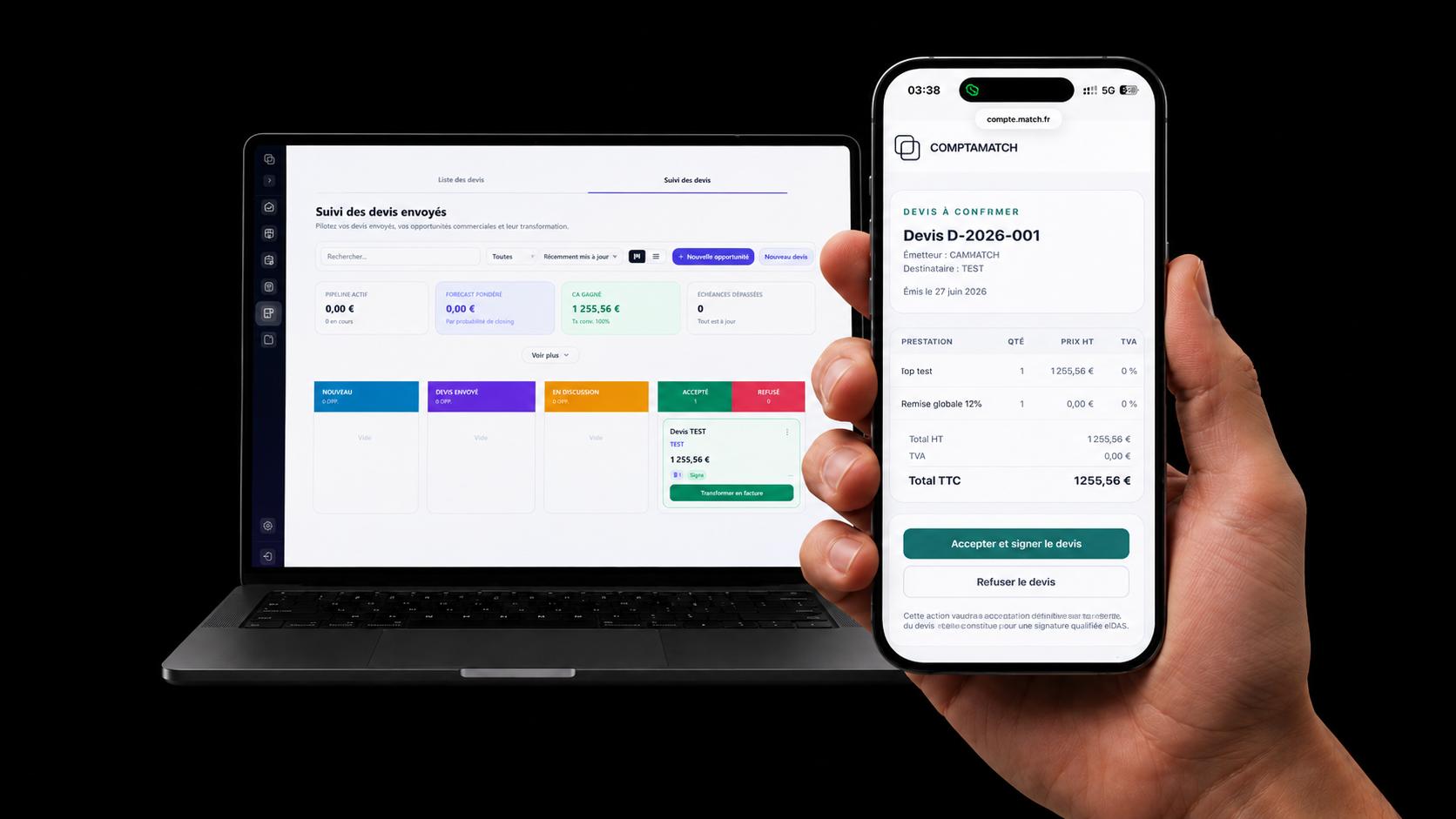 Devis signé électroniquement en ligne sur ComptaPRO avec suivi en temps réel